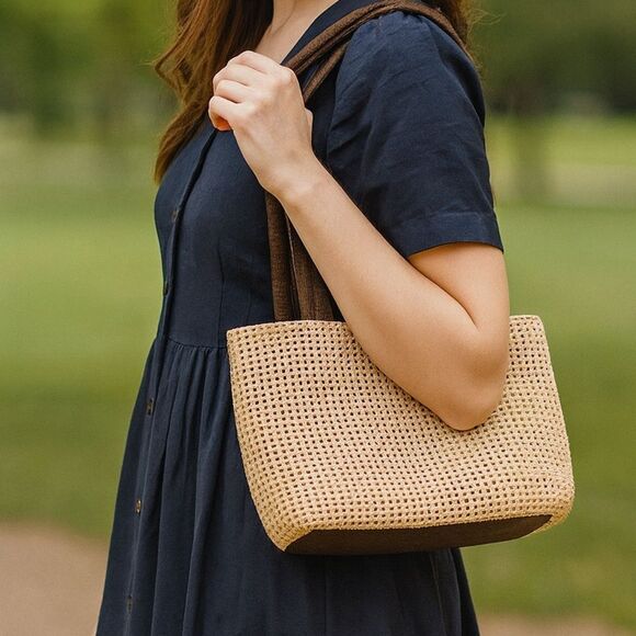 Mondani Tan Woven Shoulder Bag | Straw Handbag Tote Purse with Brown Handles - Picture 7 of 7